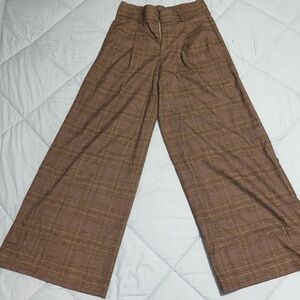 Brown Plaid Wide-Leg Pants